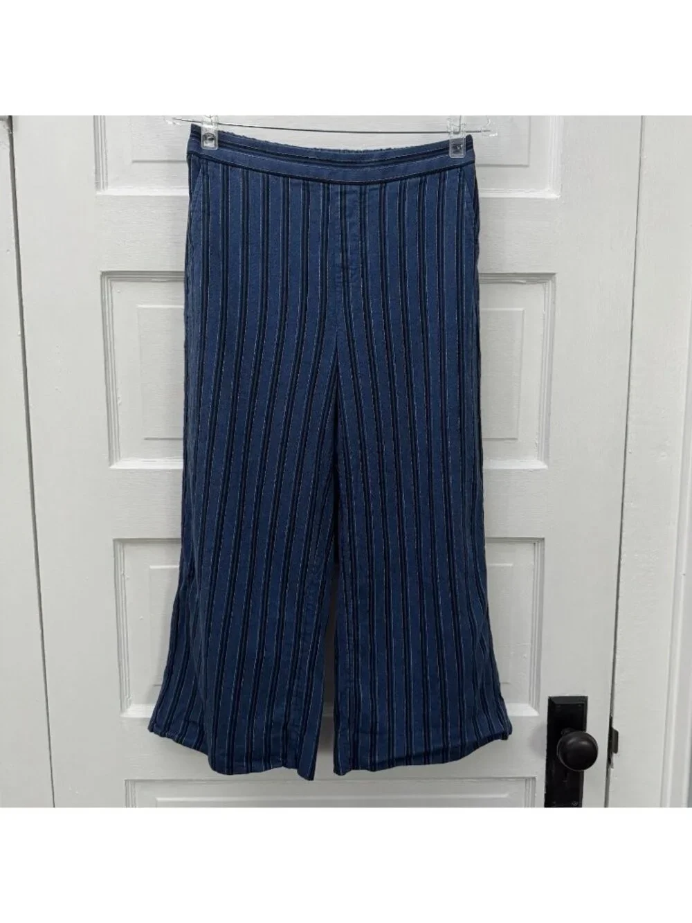 Banana Republic Rowan Wide Leg Pants Petite 2 Blue Stripe Linen Blend Pull On